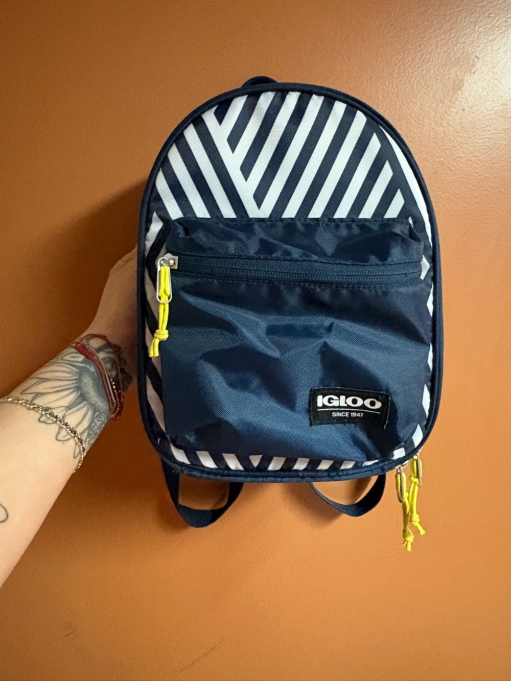 Igloo Navy and White Striped insulated Backpack with Neon Yellow Accents - Picture 2 of 6